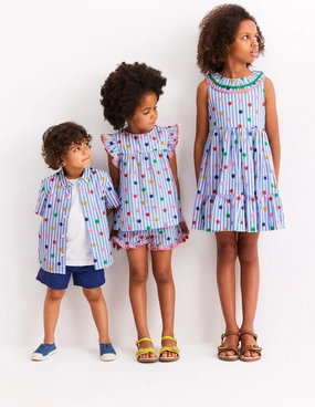 BondedShoulderTaping Frill Sleeve Woven Top-Peacock Plume Blue Spot