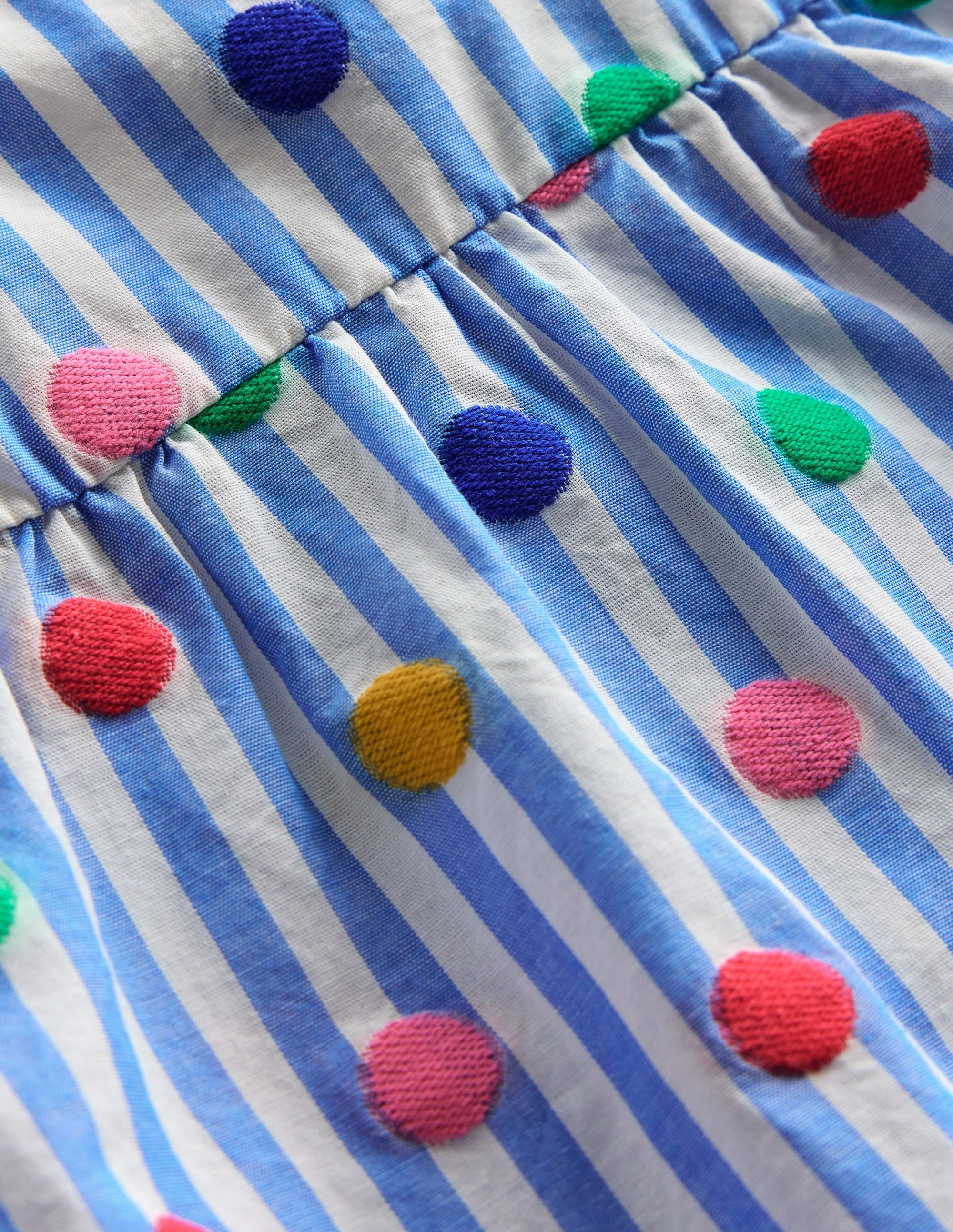 Non Restrictive Mobility HighStrength Threadwork Frill Sleeve Woven Top-Peacock Plume Blue Spot