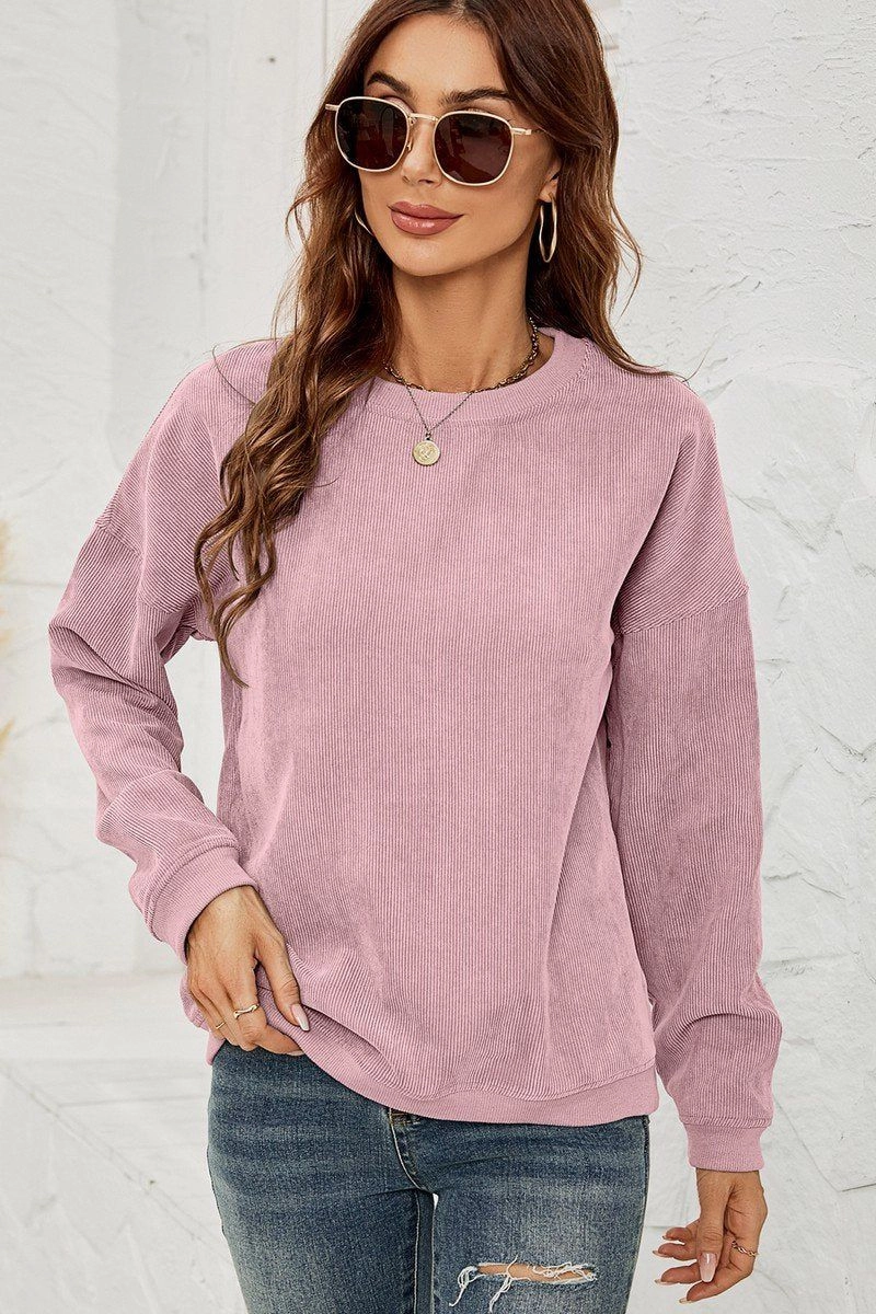 WOMEN CORDUROY ROUND NECK PULLOVER SWEATER Printed T-shirt Classic Crewneck Design