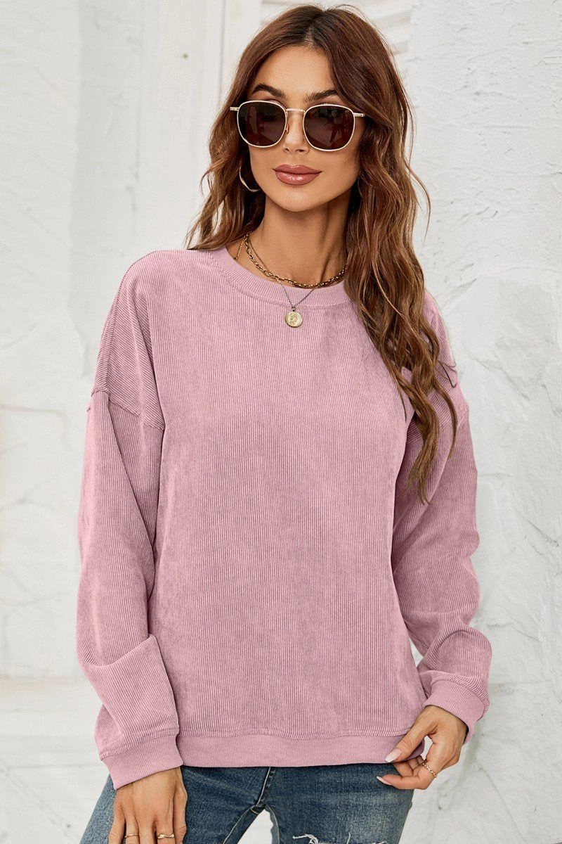 WOMEN CORDUROY ROUND NECK PULLOVER SWEATER ZipperedPockets