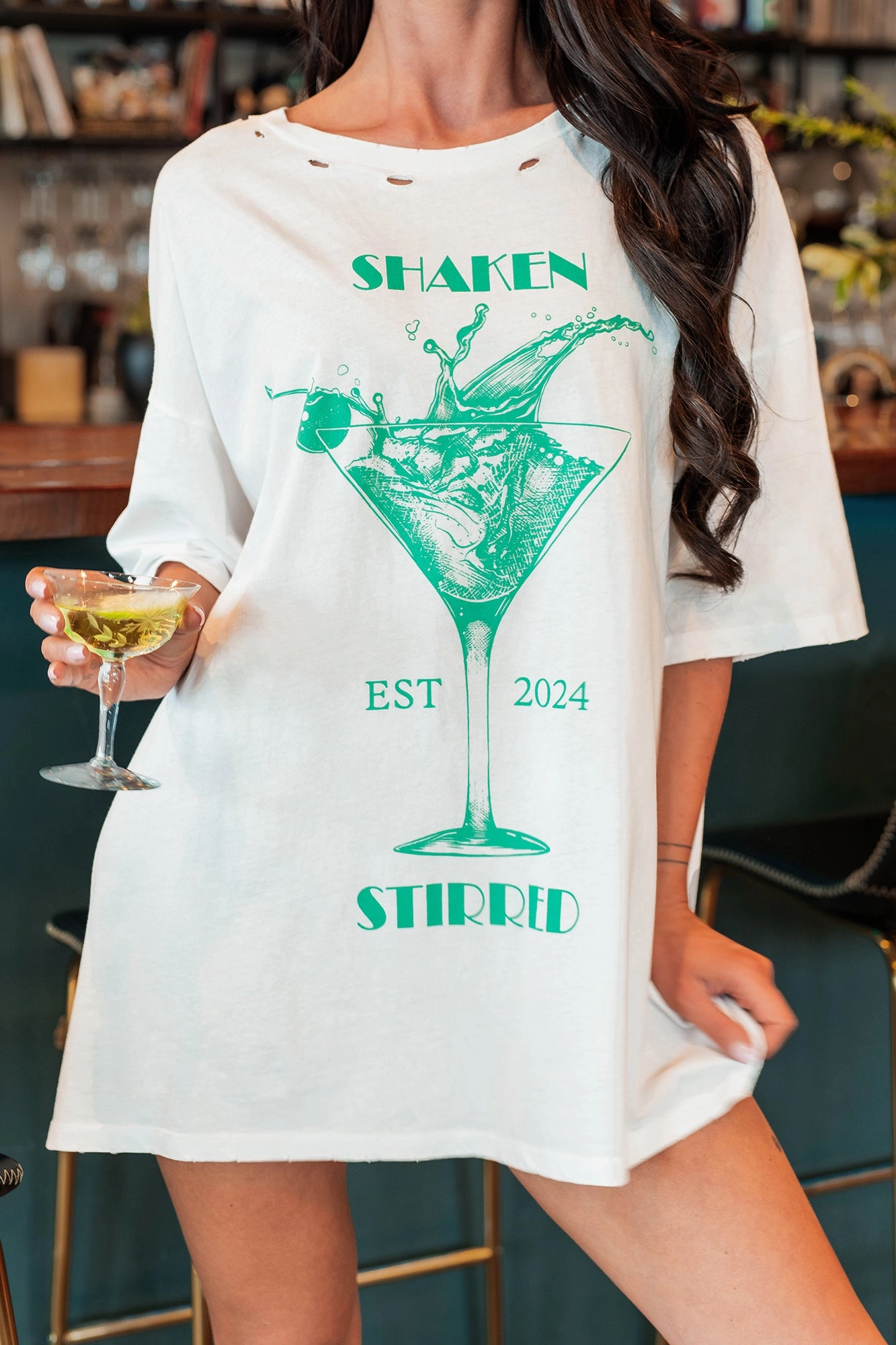 AdjustableCuffs Martini Darling Distressed Graphic T-Shirt (Ivory)