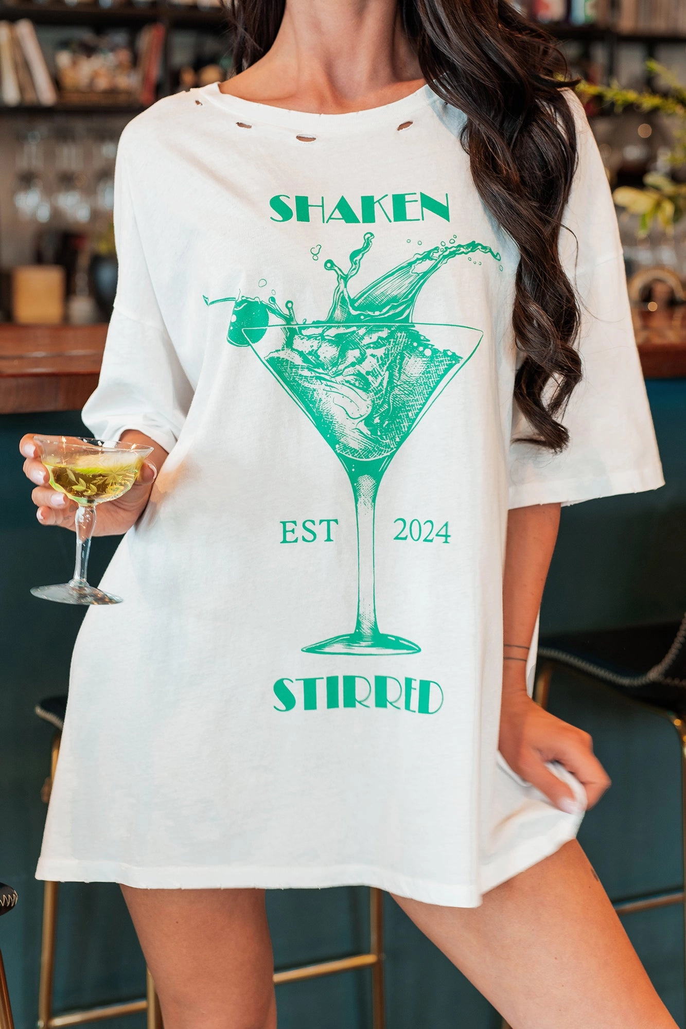 Cozy Knit VNeckline Martini Darling Distressed Graphic T-Shirt (Ivory)