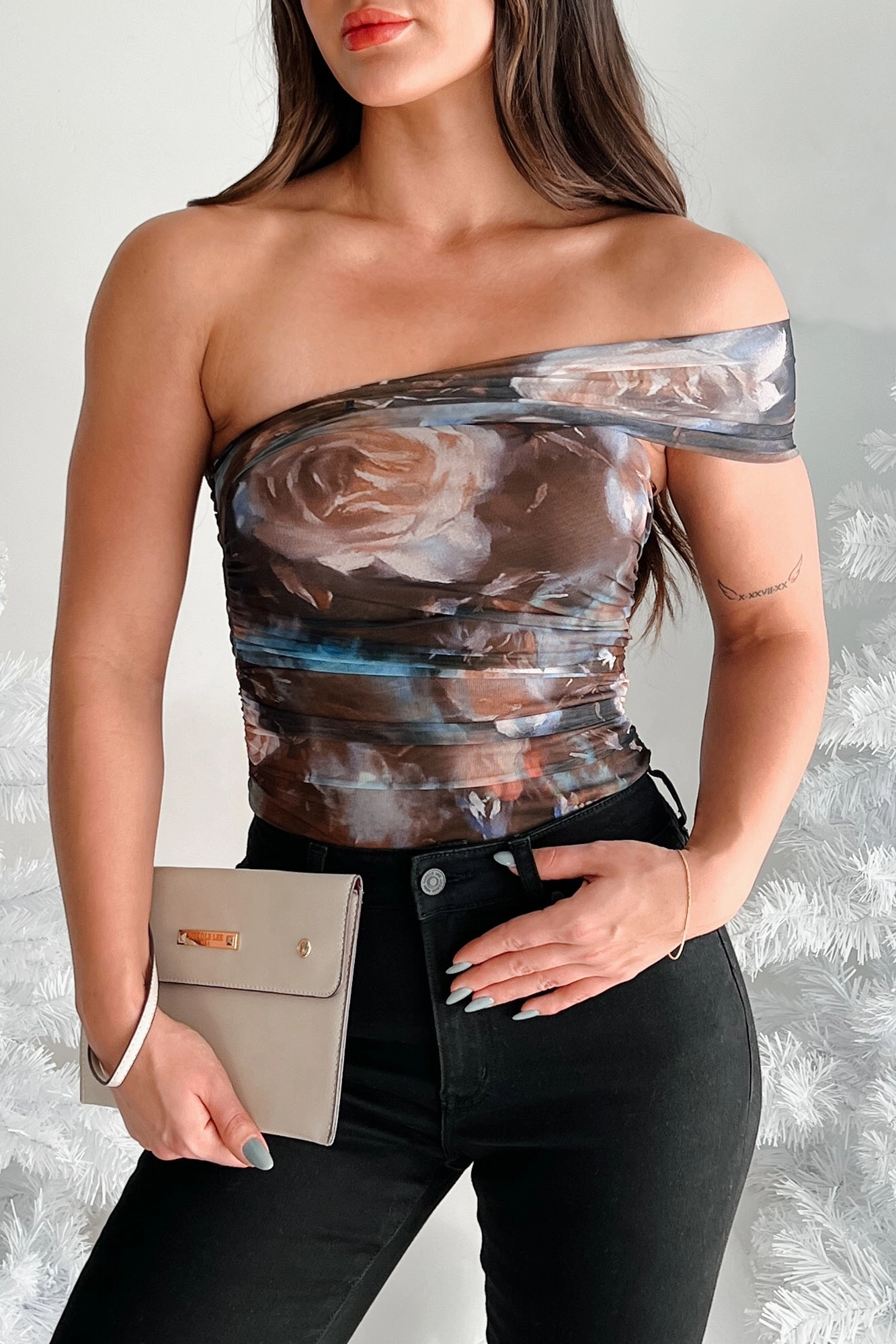 Maven Asymmetric Floral Mesh Bodysuit (Brown Multi) Comfortable Layer Relaxed Top