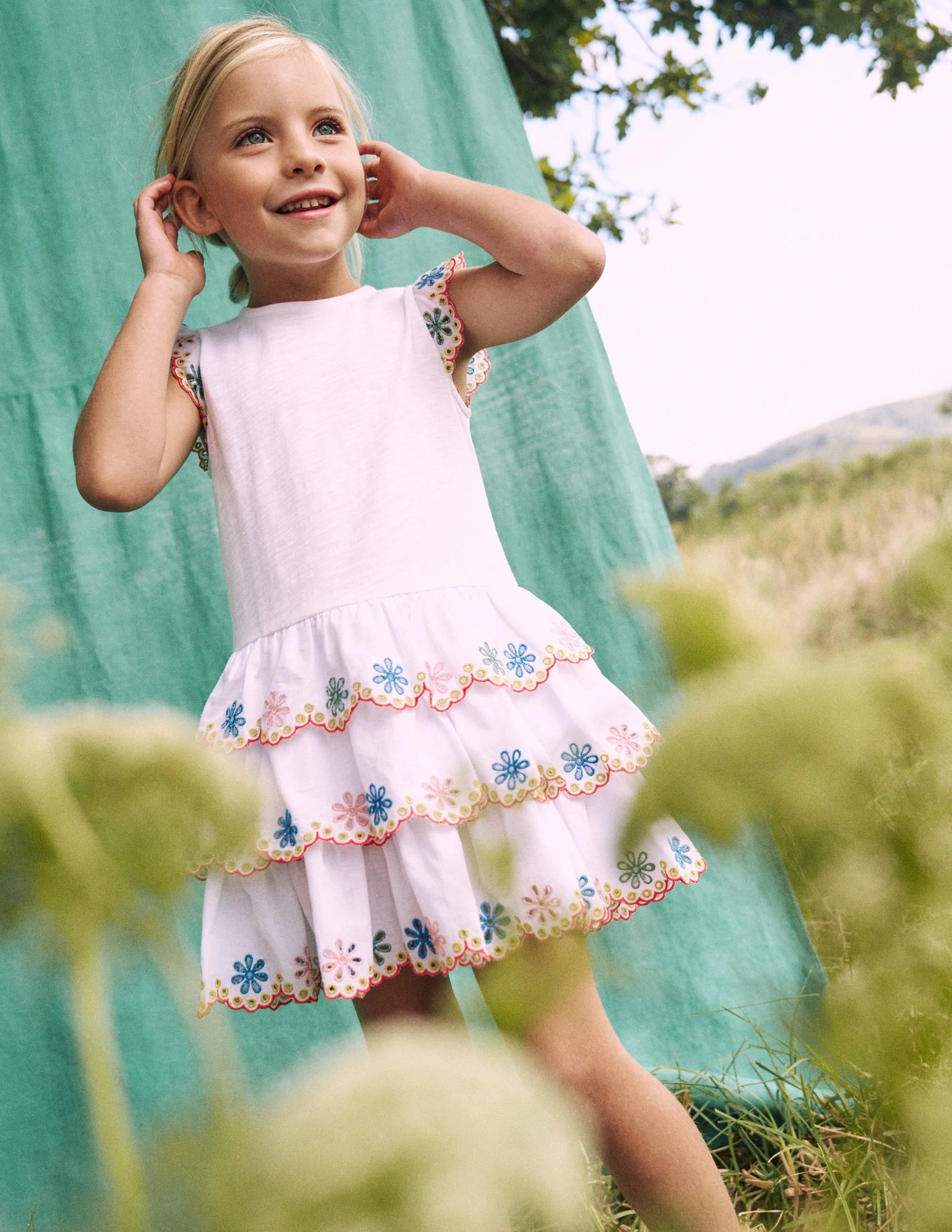 Playful-Detail Broderie Mix Jersey Dress-White Rainbow