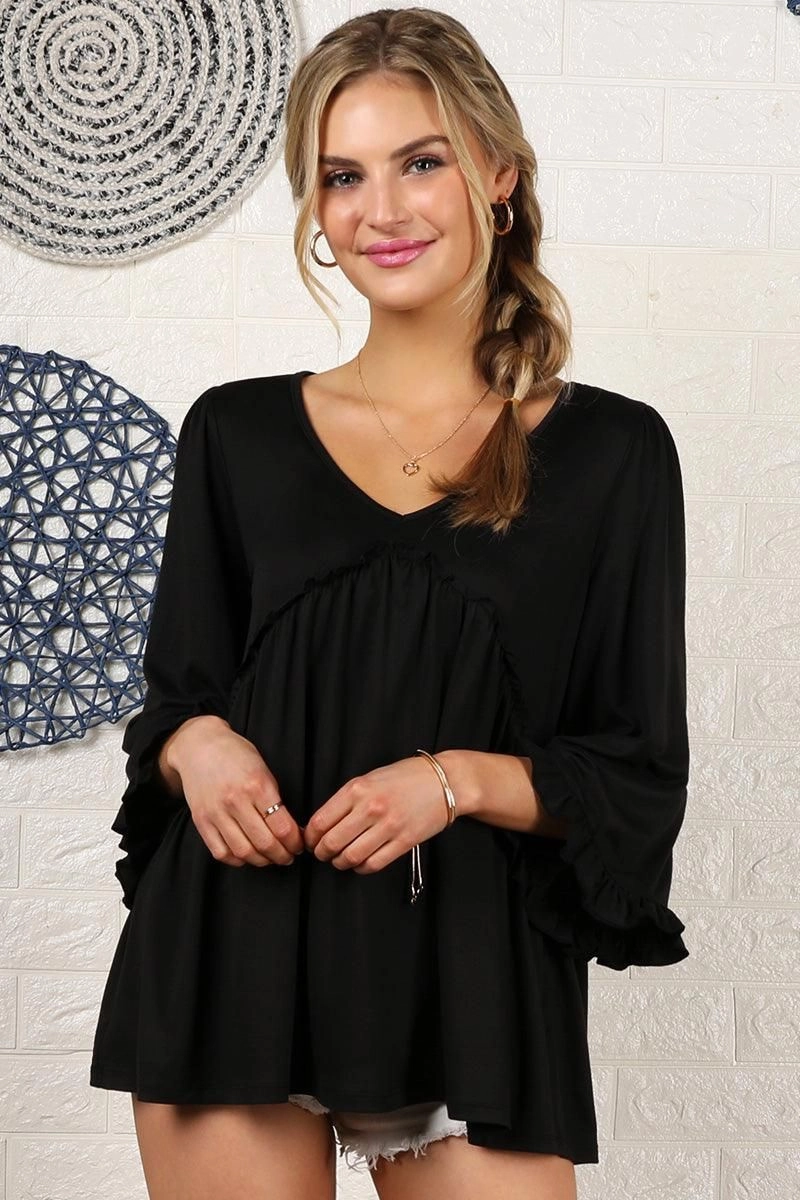 Printed Blouse V- NECK WITH MINI RUFFLE DETAILED FLARE TOP