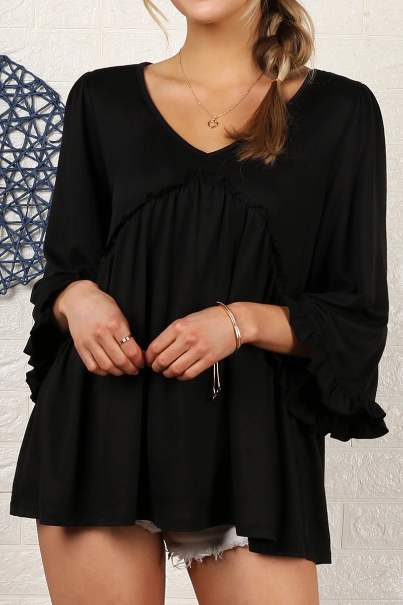 VentedBack V- NECK WITH MINI RUFFLE DETAILED FLARE TOP