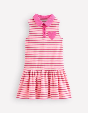 Towelling Polo Dress-Pink/ Ivory Stripe Geometric-pattern Silky Silhouette