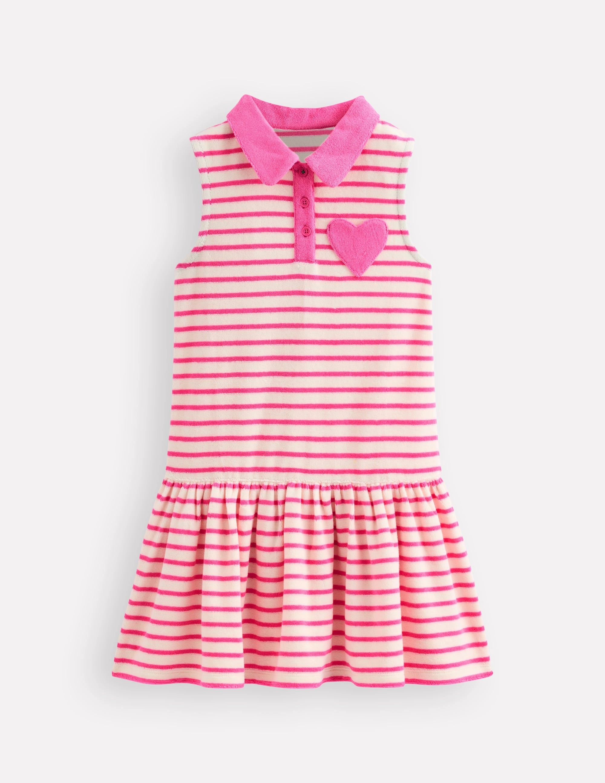 Towelling Polo Dress-Pink/ Ivory Stripe Polished Cut Beaded-Edge
