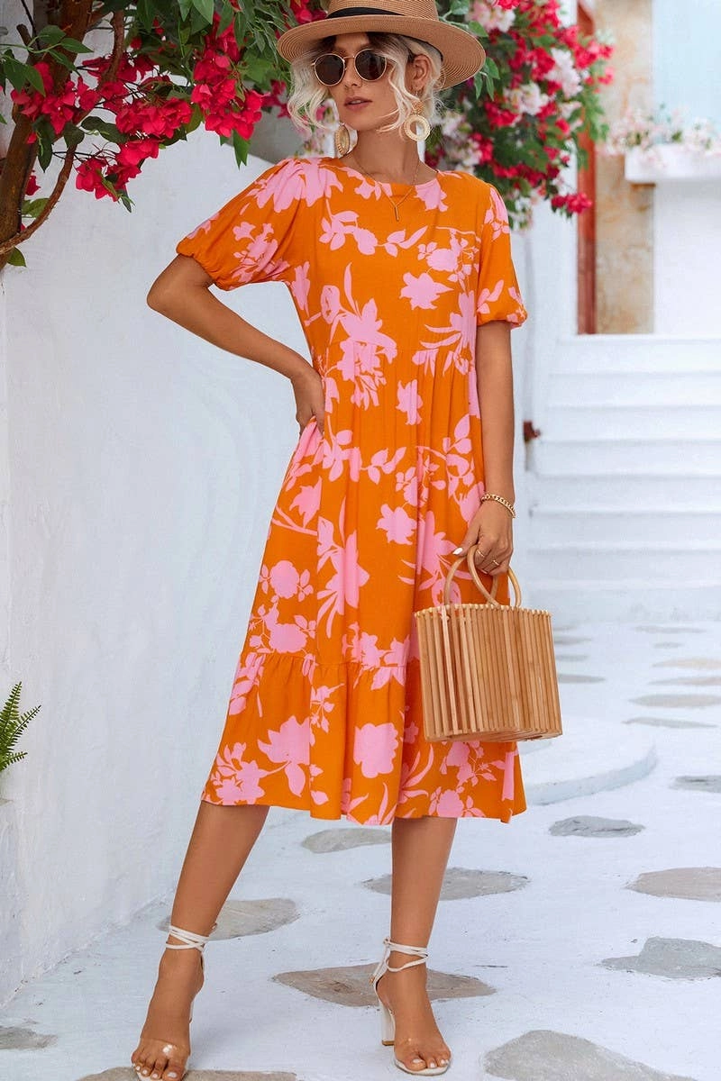 BUBBLE SLEEVE PRINTED DRESS_CWDSD2646 Daytime Mood Smooth Design