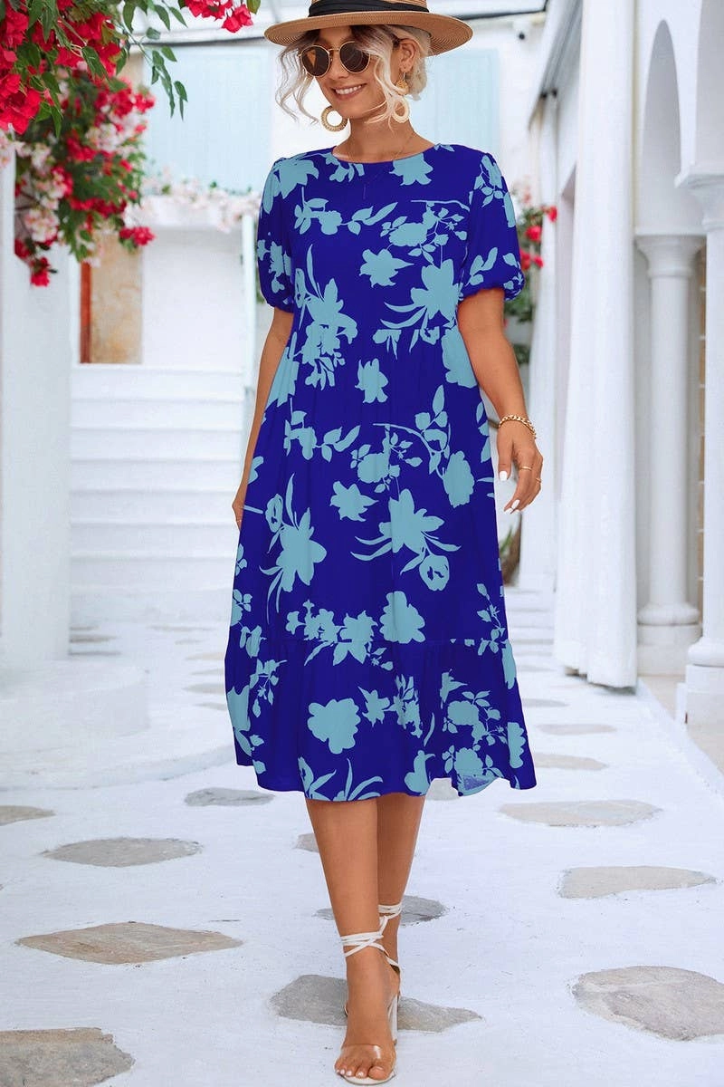 Neutral Finish Fashionable Look BUBBLE SLEEVE PRINTED DRESS_CWDSD2646