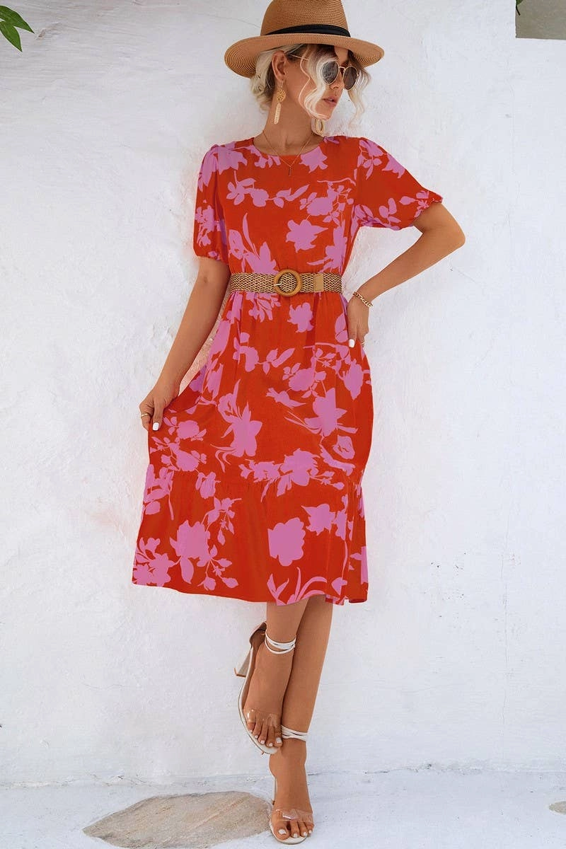 BUBBLE SLEEVE PRINTED DRESS_CWDSD2646 Clean Style Zip Ease