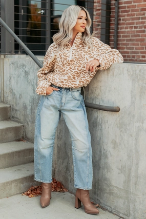 Built Different Fleece Leopard Print Pullover (Camel) Buttonless Closure Sustainable Cotton