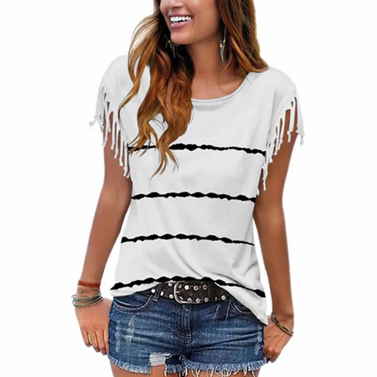 BURNT FLOWER FRINGE SHORT-SLEEVED BLOUSE_CWTBLSL0340 Layered Hemline