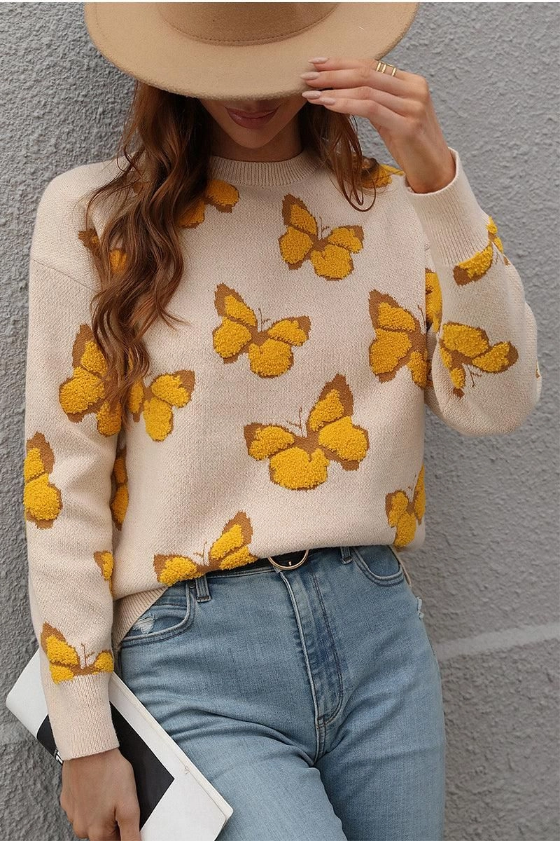 BUTTERFLY PRINTING LONG SLEEVE CASUAL SWEATER QuickDry Technology Durable Blend
