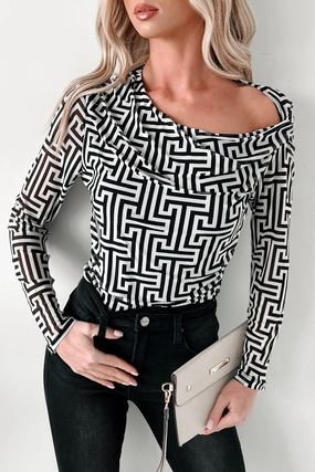 Leave You Puzzled Geometric Mesh Bodysuit (Black/White) Soft Pullover
