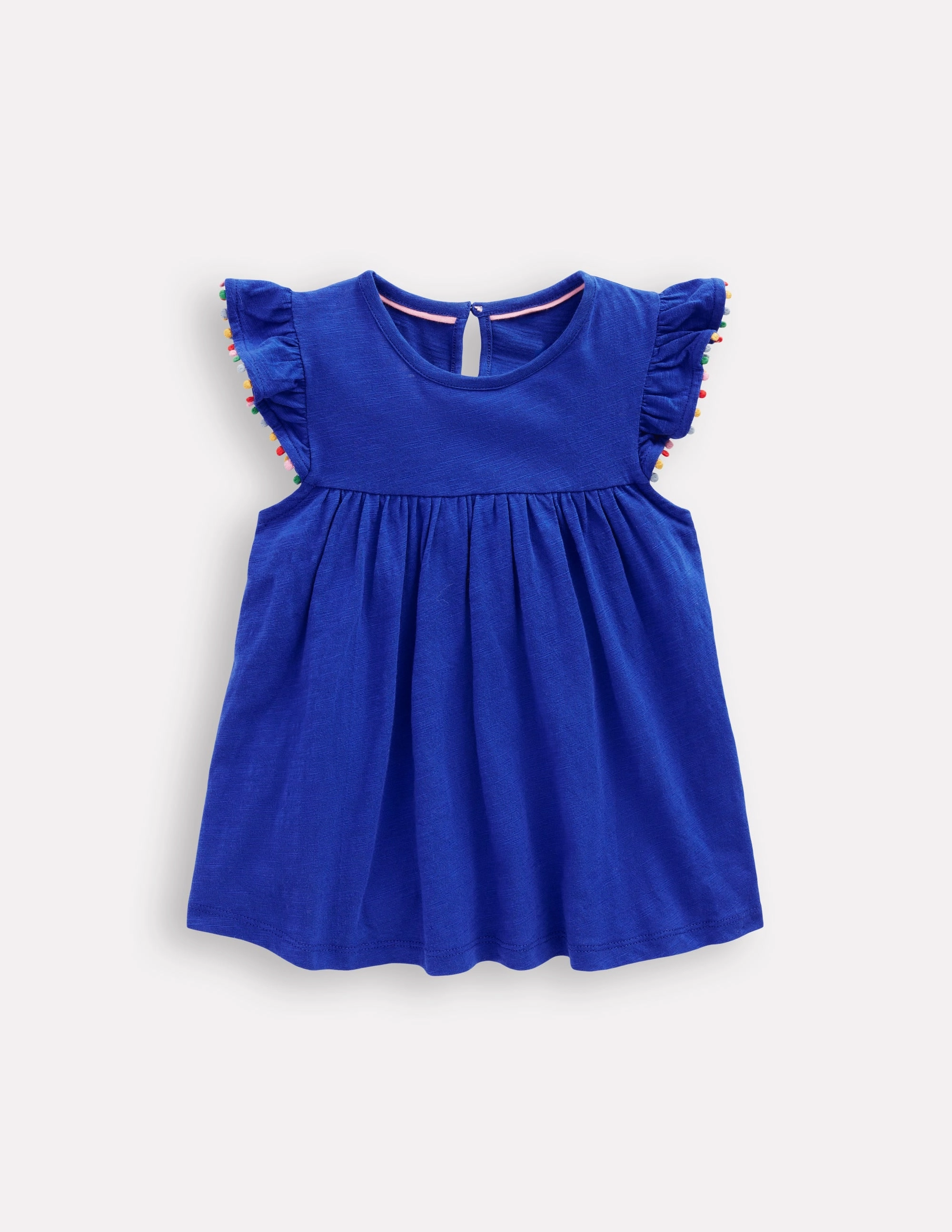 Ethically Sourced Yarn EcoFriendly Dye Process Frill Sleeve Pom Top-Bright Blue