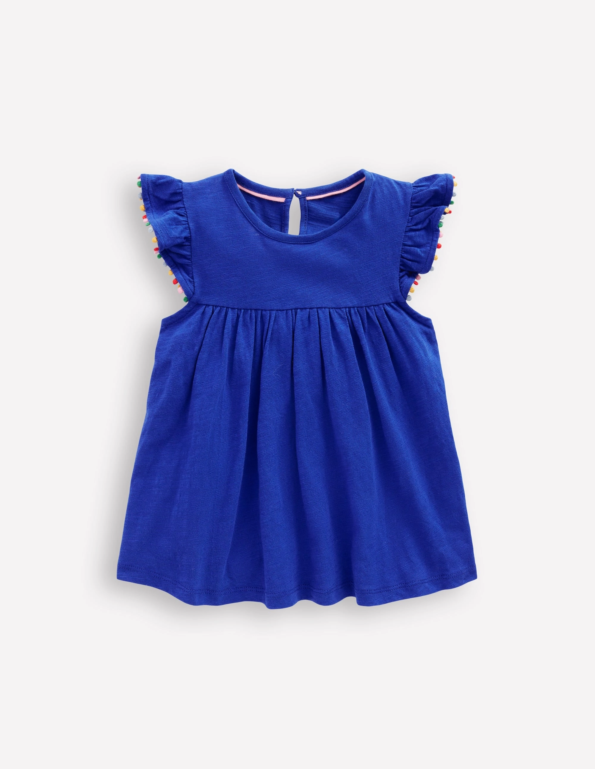 Raw Edge Finish LayeredNeckline Frill Sleeve Pom Top-Bright Blue