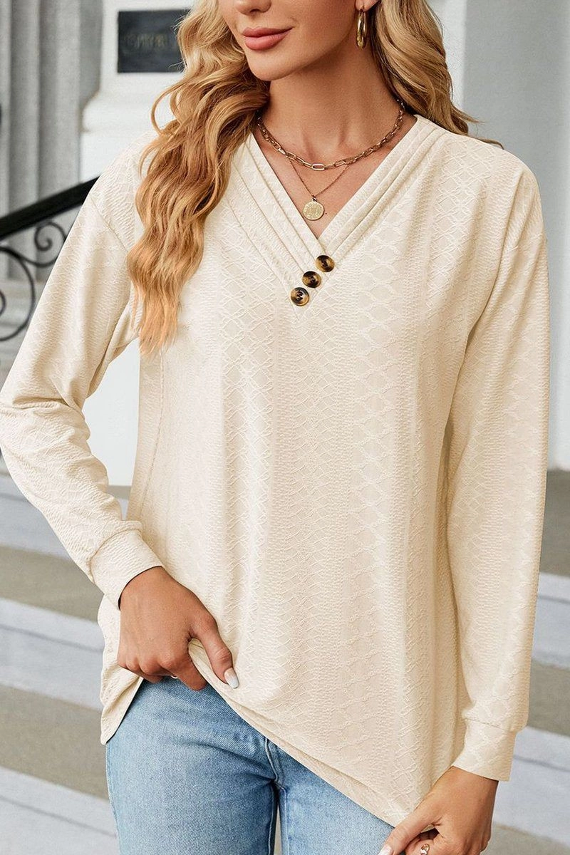 BUTTON DECKED V NECK PATTERN STITCHED BLOUSE FlexibleLayeredConstruction Biodegradable Fiber