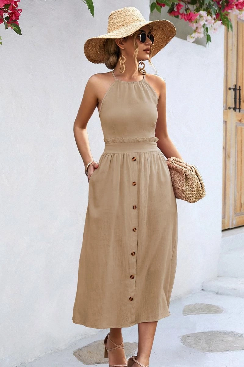 BUTTON DETAILED SKIRT WOMEN HALTER DRESS Work Look