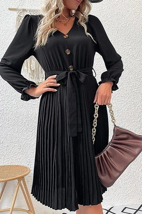 BUTTON DETAILED SLIM WIST PLEATED TRENDY DRESS Bold Touch Stylish Wear
