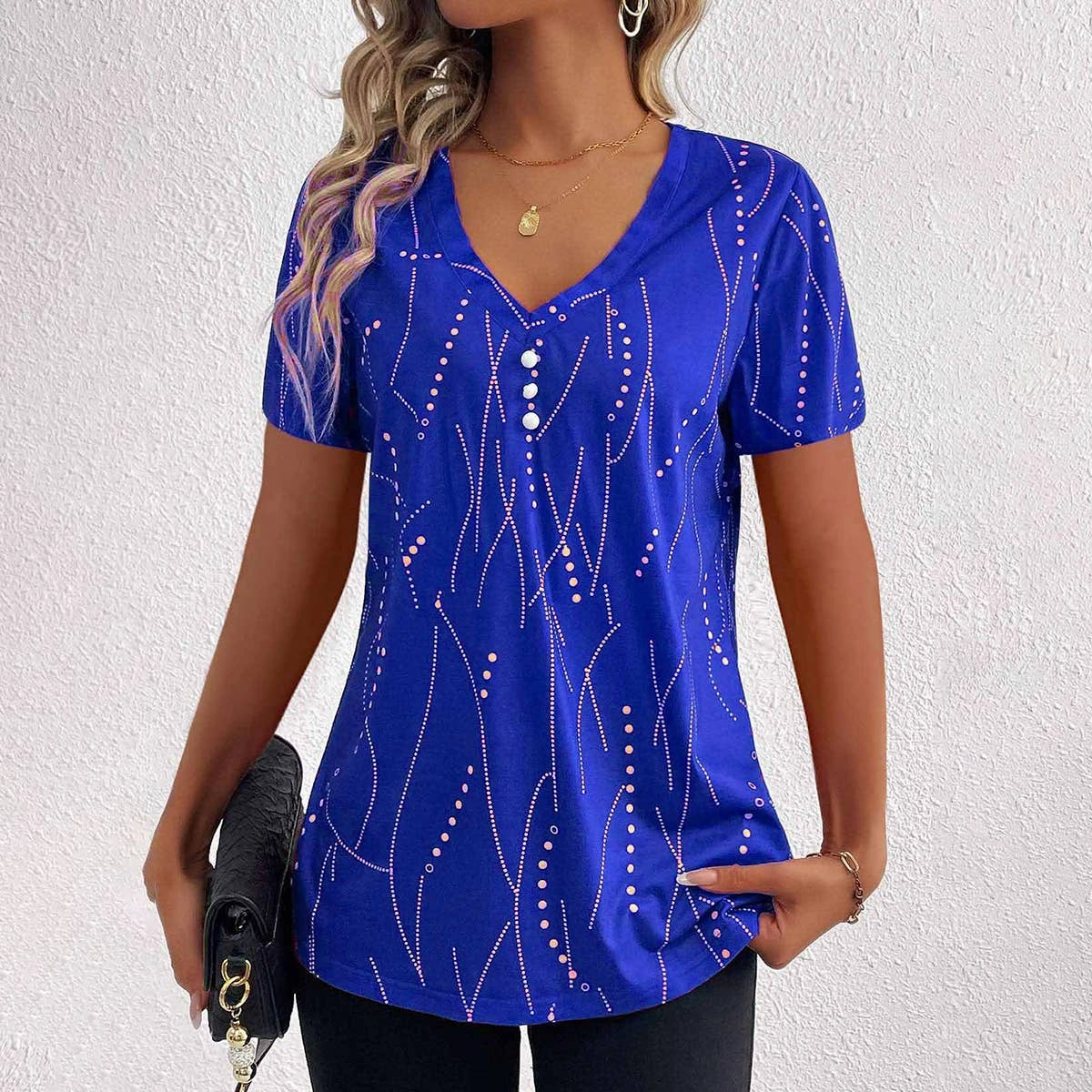 Reverseble Design BUTTON DOT V-NECK SHORT-SLEEVED BLOUSE_CWTBLS0939