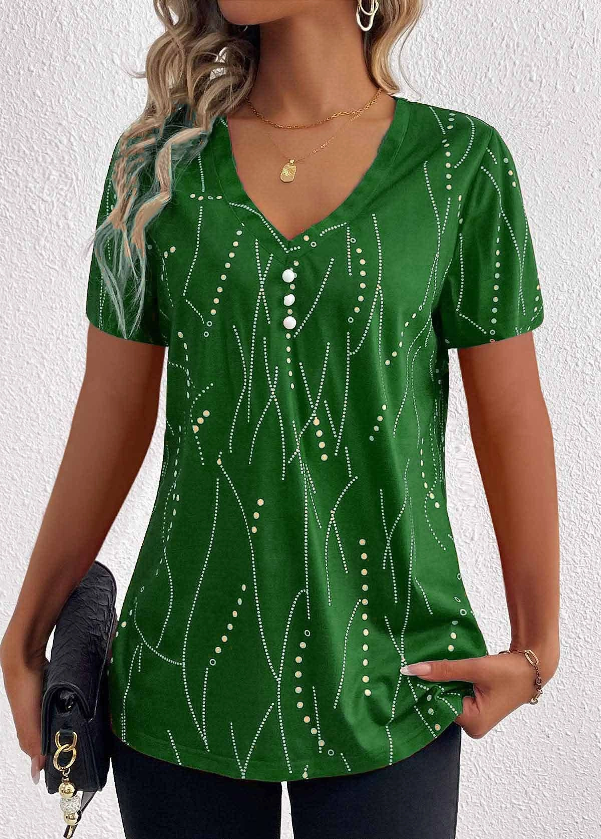 BUTTON DOT V-NECK SHORT-SLEEVED BLOUSE_CWTBLS0939 High Collar Protection Design