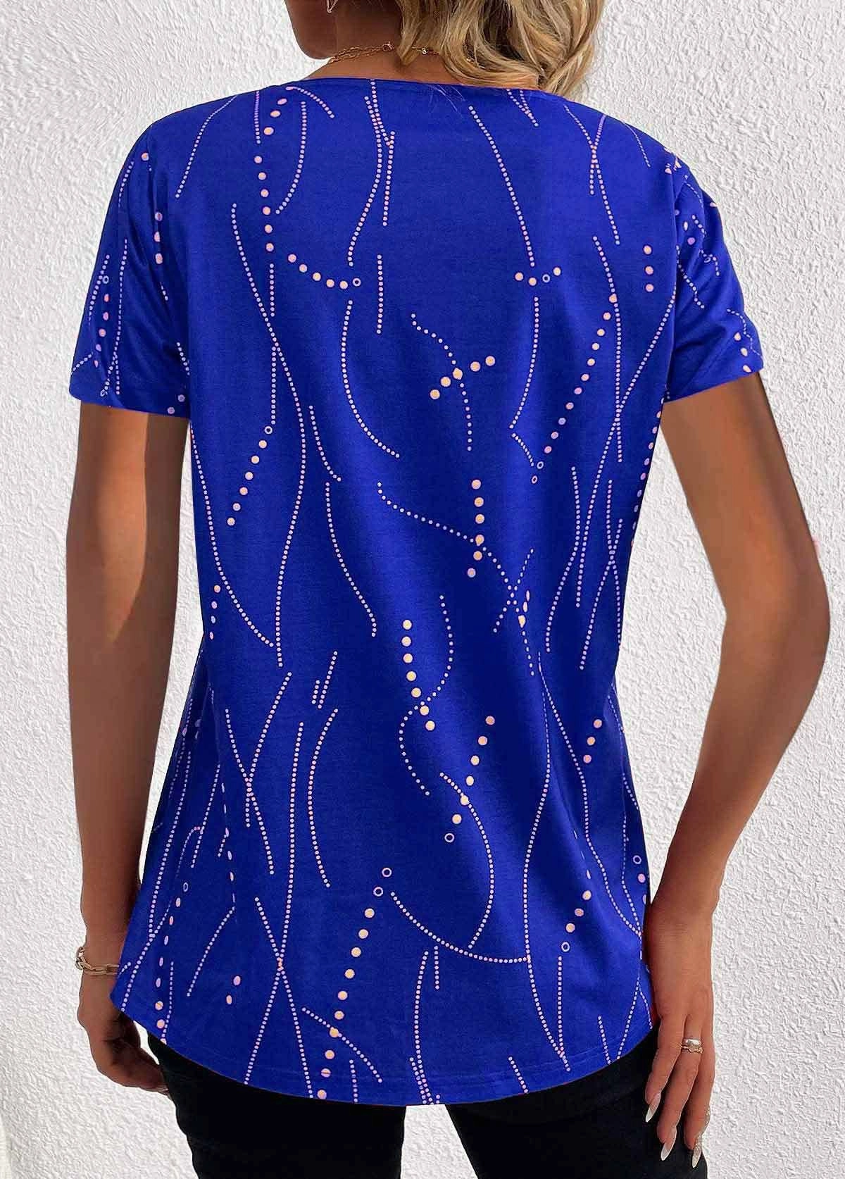 Stretch Weave Construction HighNeckline BUTTON DOT V-NECK SHORT-SLEEVED BLOUSE_CWTBLS0939