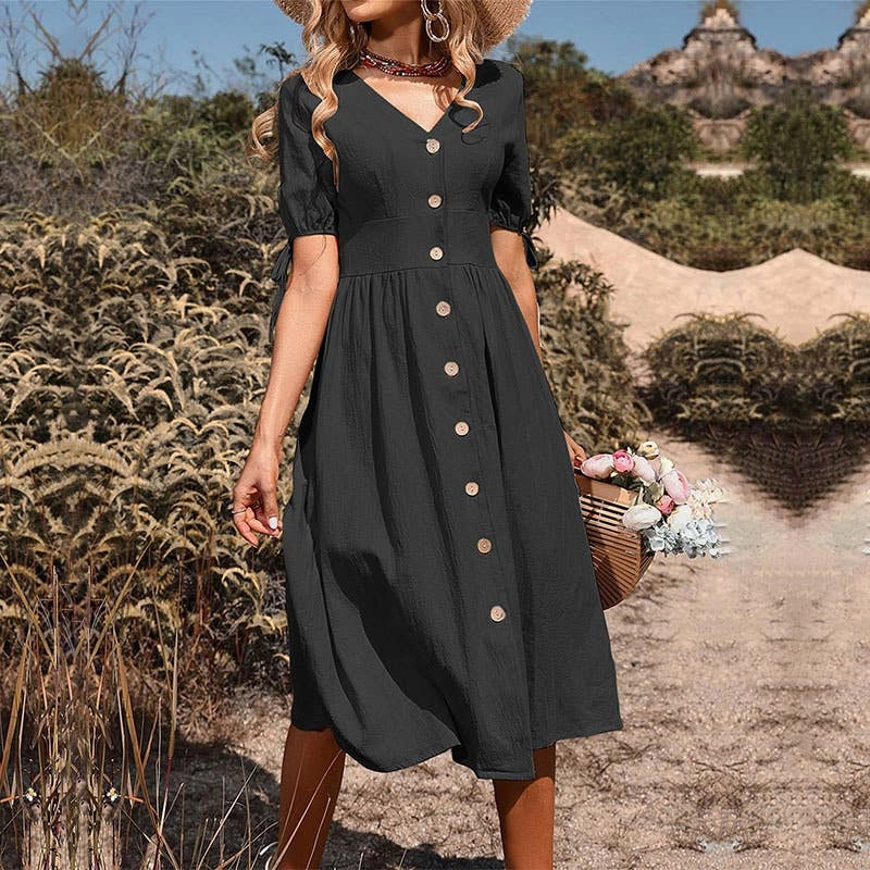 BUTTON-DOWN COTTON AND LINEN V-NECK DRESS_CWDMD1653 Light Motion