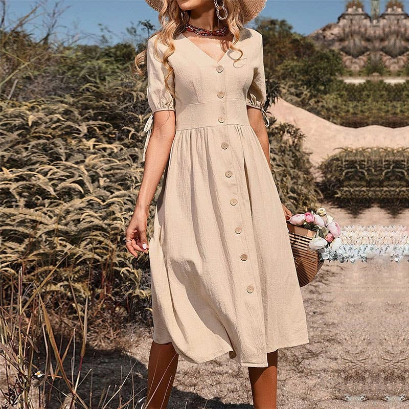 BUTTON-DOWN COTTON AND LINEN V-NECK DRESS_CWDMD1653 Silky Silhouette Flattering Shape
