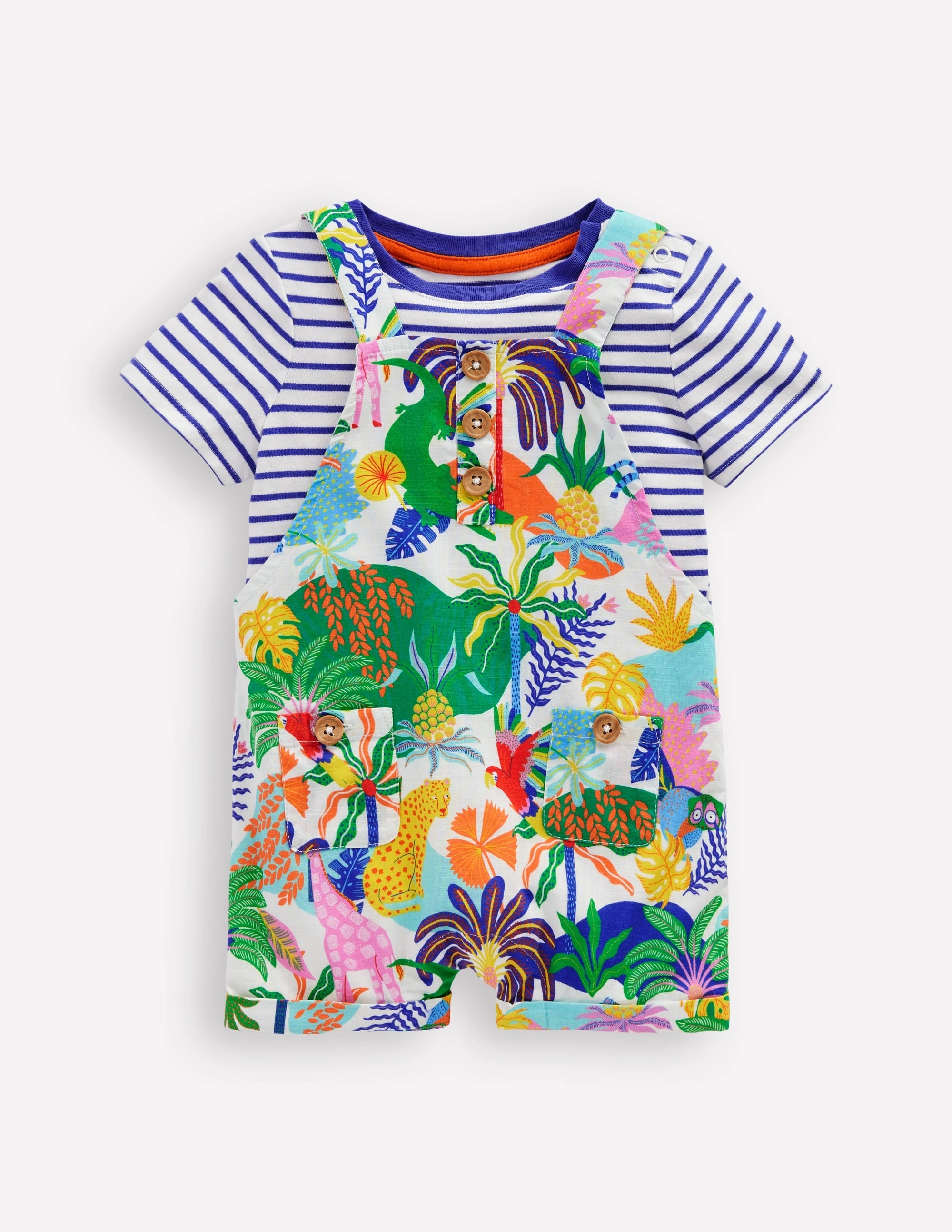 Button Dungaree Set-Coconutmilk Multi Jungle Music Yoga Wedding Slim