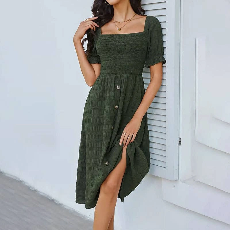 BUTTON-EMBELLISHED PLEATED DRESS_CWDSD3554 Soft Balance Smooth Drape