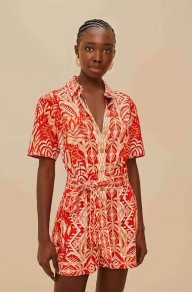 Layered Fit Tropical Tapestry Romper Red