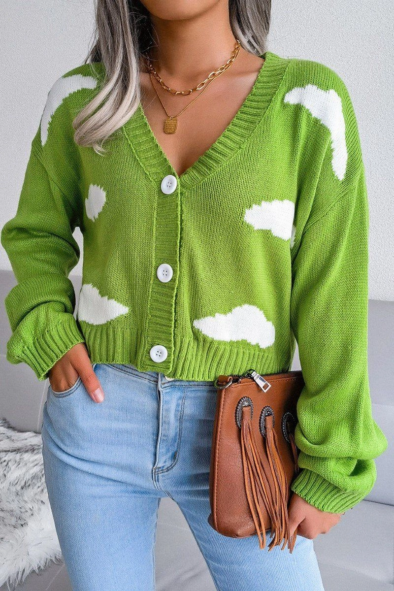 BUTTON UP CLOUD PRINTING SHORT LENGTH CARDIGAN Breathable mesh lining