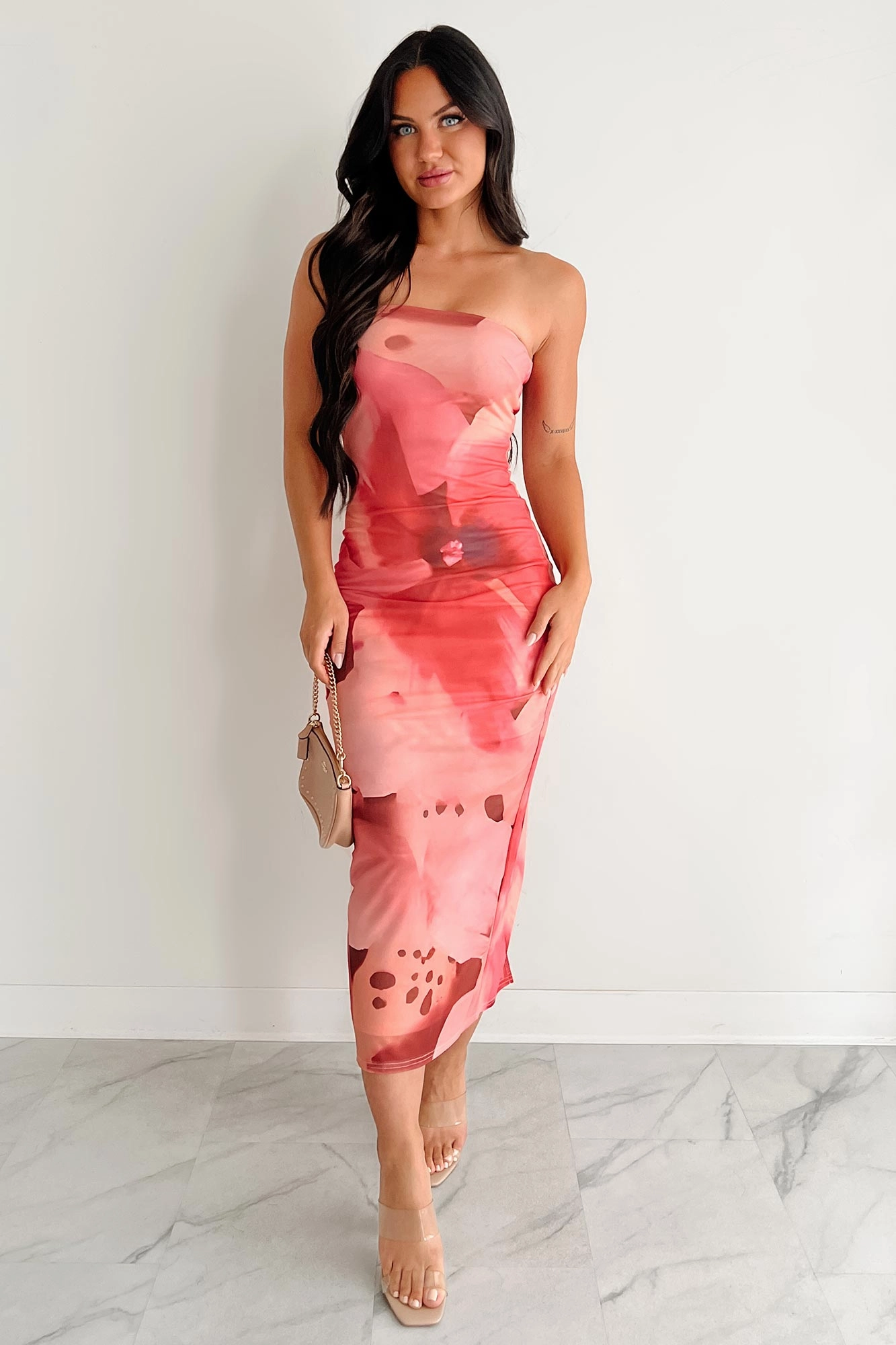 By The Sea Printed Mesh Strapless Midi Dress (Coral Multi) Silk Air