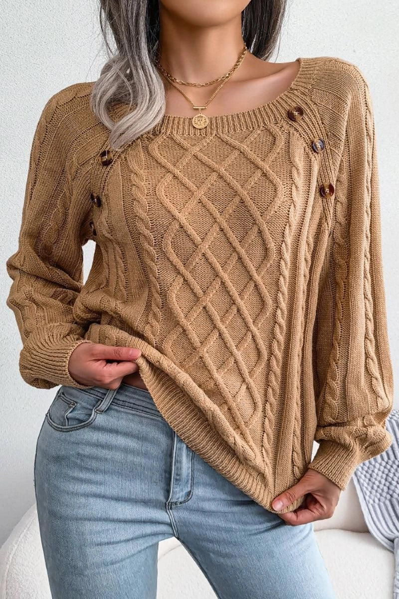 CABLE KNIT BUTTON DETAILED PULLOVER SWEATER Elegant Blouse Noise Reduced Zipper