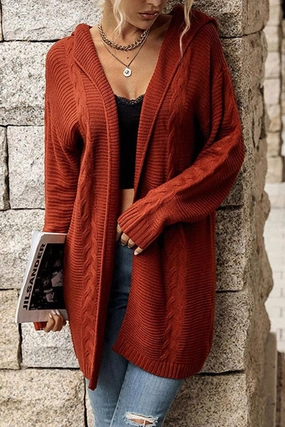 WrinkleResistantWeave CABLE KNIT CASUAL HOODIE CARDIGAN