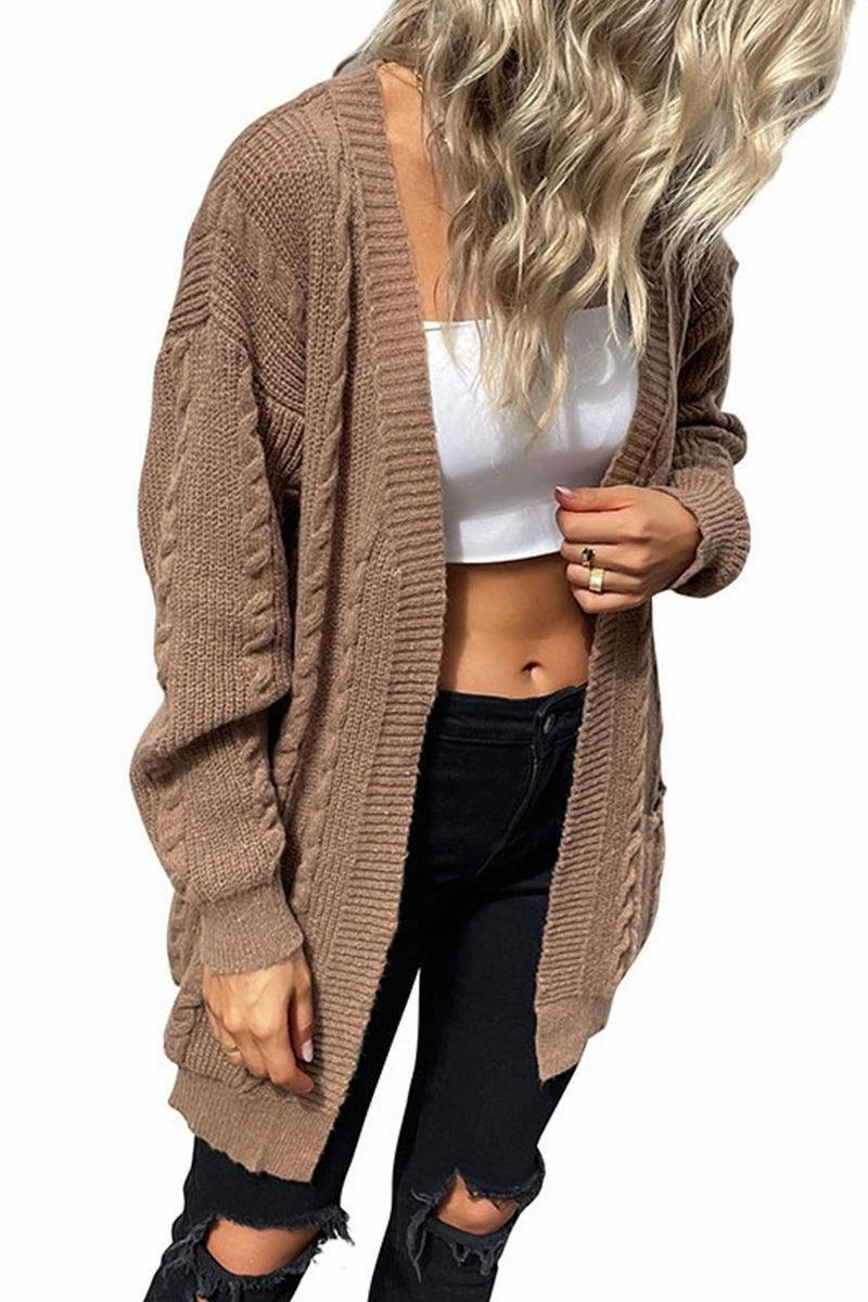 Minimalist Silhouette Cut CABLE KNIT OPEN FRONT MIDI LENGH CARDIGAN