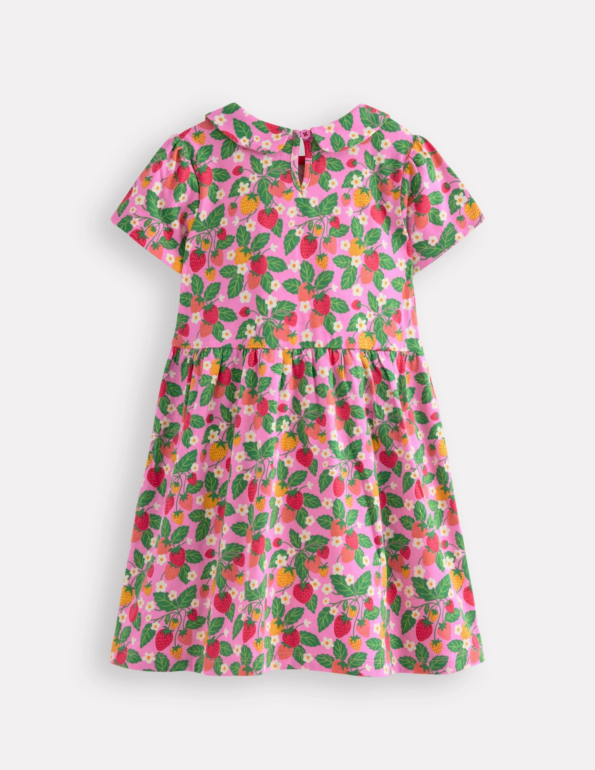 Belted-Style Sweet Mood Peter Pan Collar Jersey Dress-Cosmos Pink Strawberry Patch