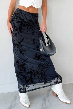 Call Me Back Floral Mesh Maxi Skirt (Black) Contrast Panel Modern Luxe