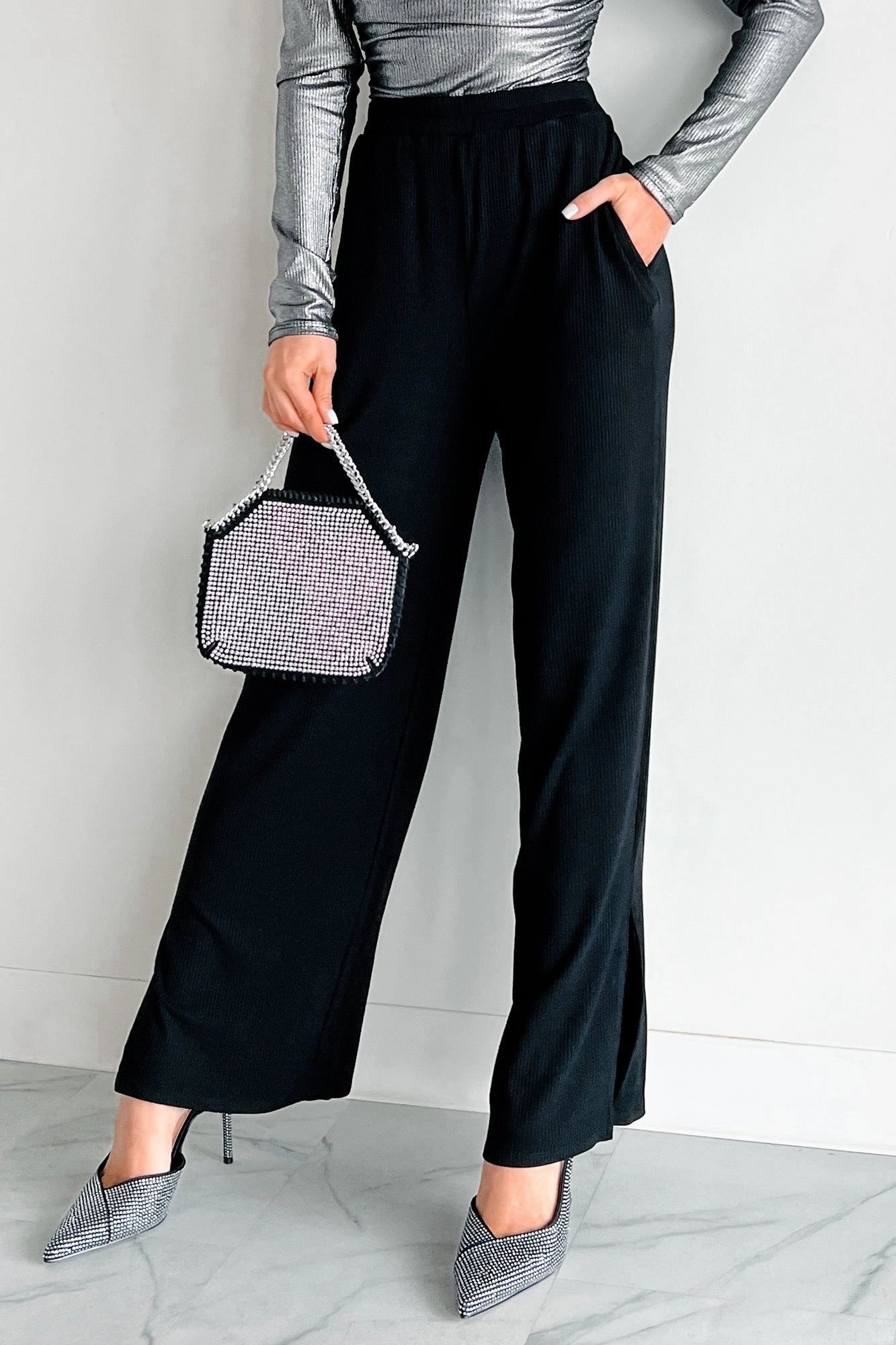 theater Can't Be Bothered Ribbed Knit Wide Leg Pants (Black)
