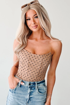 Minimalist Cuff Cant Dim This Strapless Heart Print Bodysuit (Mocha)