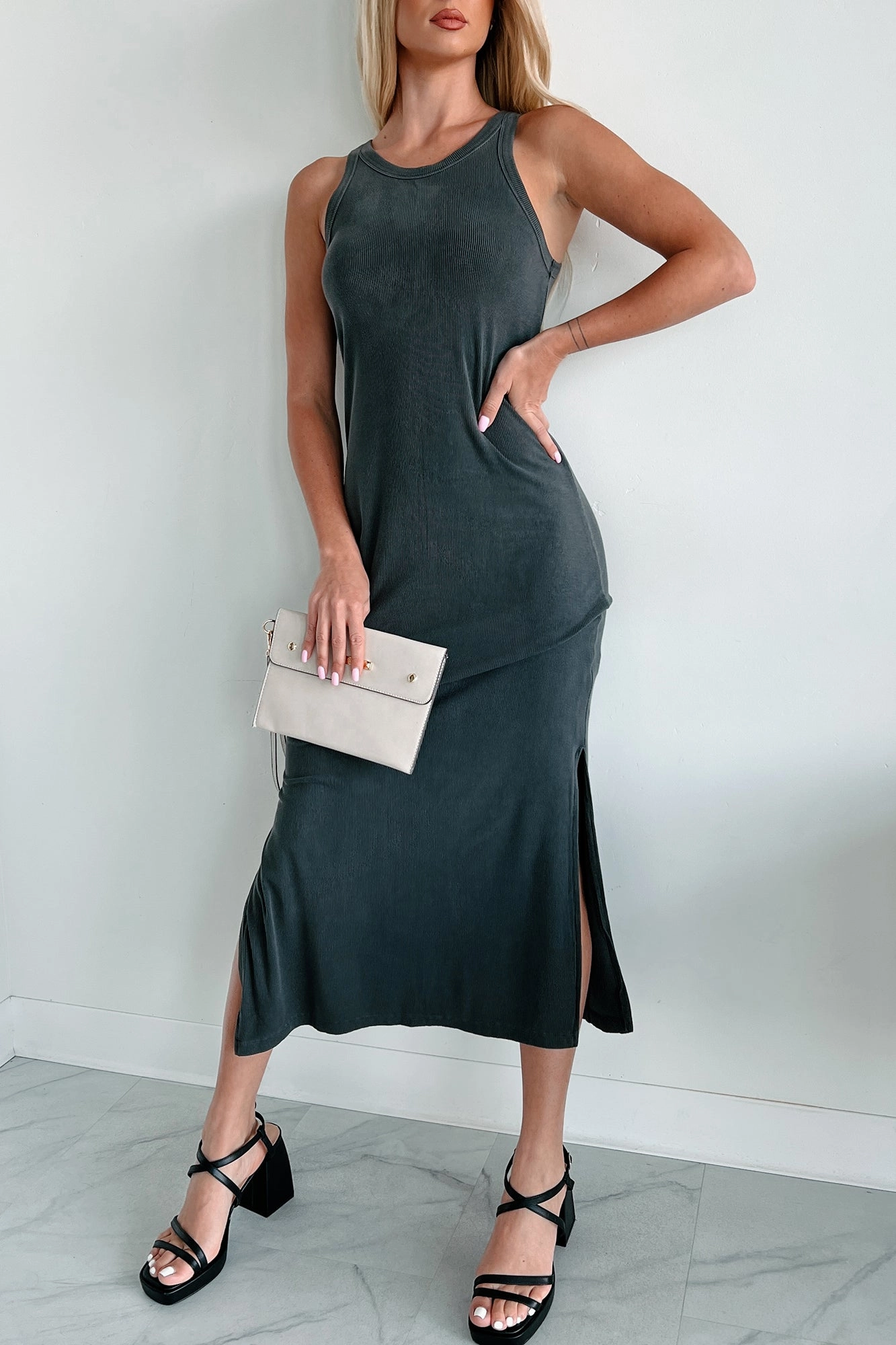 Cozy Cut Chances Are Ribbed Tank Midi Dress (Charcoal)