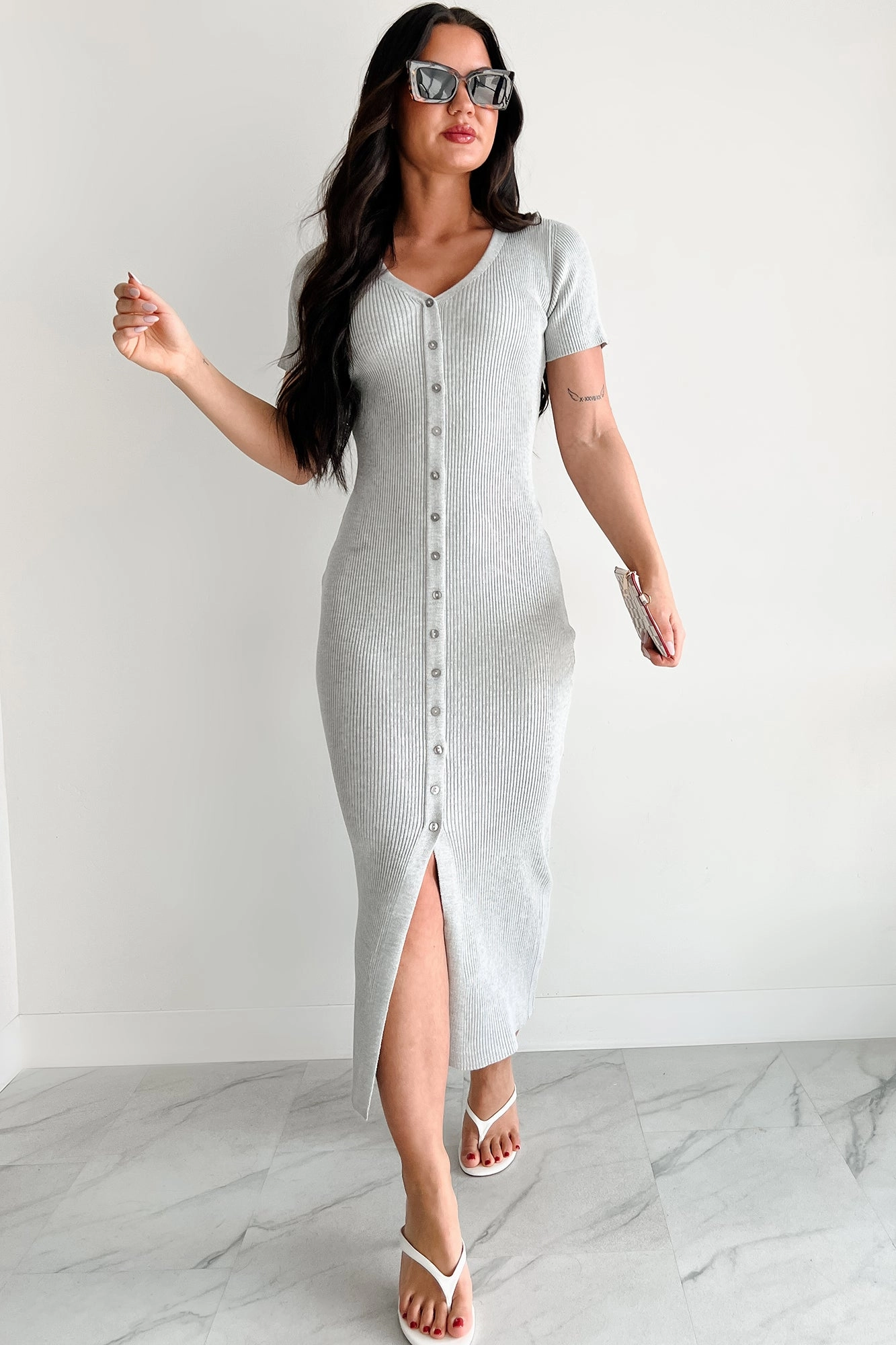 Make It Look Easy Button Front Maxi Dress (Grey) Smart and Sleek Minimalist Fit
