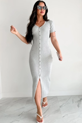 Make It Look Easy Button Front Maxi Dress (Grey) Elegant Flow Cinched-Waist