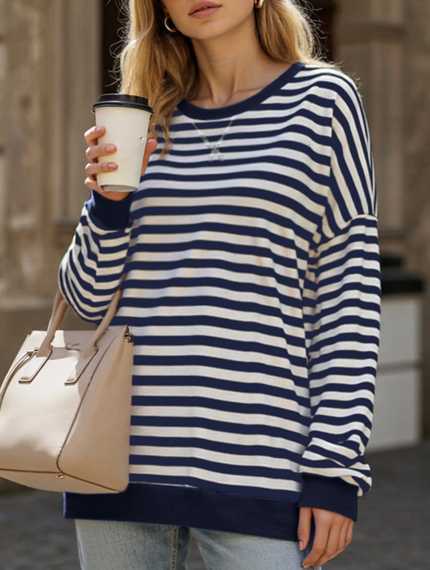Striped Print Loose Sweatshirt Hypoallergenic Lining Biodegradable Fiber