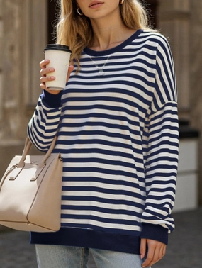 Striped Print Loose Sweatshirt Hypoallergenic Lining Biodegradable Fiber