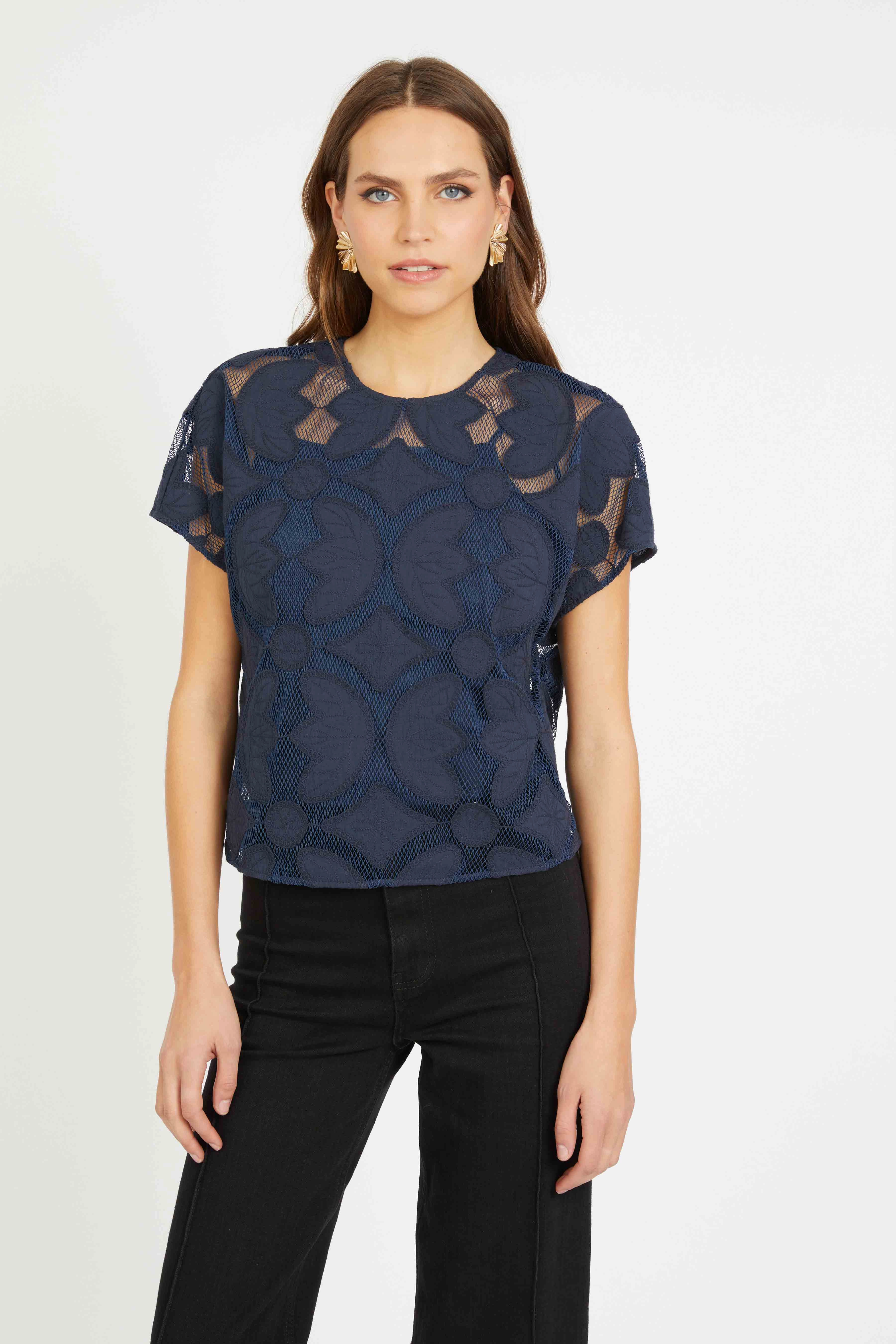 Chilly Comfort Wear Carmen Top in Navy Lace