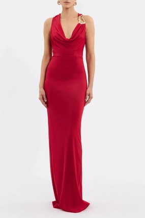 Carmine Halter Maxi Red Elegant Layers Matte Fabric