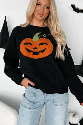Carving Smiles Knit Halloween Sweater (Black) All Season Wear Fabric