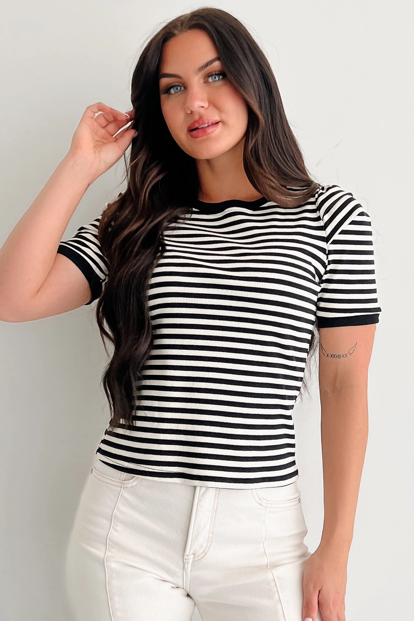 Casual & Cool Striped Puff Shoulder Top (Black/Ivory) HypoallergenicFibers Casual Blouse